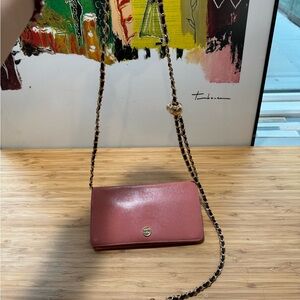 Chanel Pink Bifold Wallet with gold hardware CC logo and chain